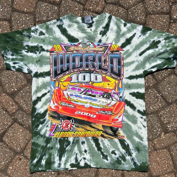Vintage 2008 World 100 Auto Racing Tie Dye Double Sided T Shirt Men Sz L - Picture 1 of 9